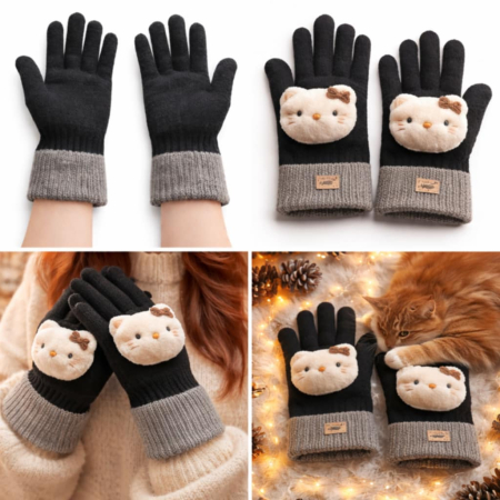 Manusi dama negre cu aplicatie pisica, manseta gri, material tricot [2]