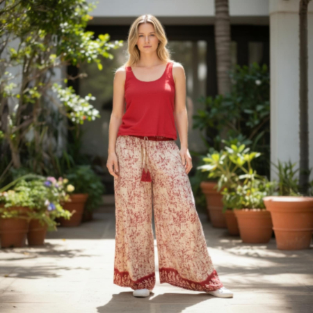 Pantaloni matase - Pantaloni croi larg din matase indiana cu banda elastica in talie