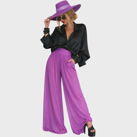 Pantaloni matase - Pantaloni Croi Larg din Matase si Banda Elastica in Talie