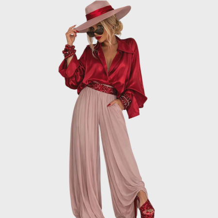 Pantaloni matase - Pantaloni de Vara din Matase Croil Larg cu Banda in Talie