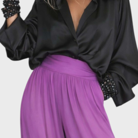 Pantaloni de vara din matase croi larg cu banda in talie verde kaki [2]