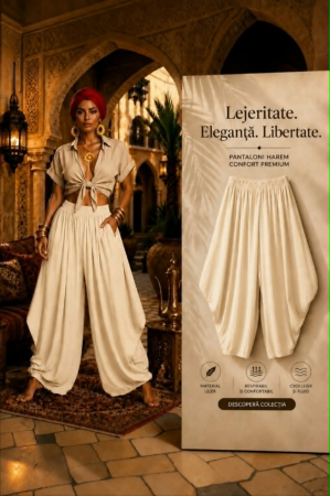 Pantaloni - Pantaloni din bumbac crem tip turcesc  cu buzunare si elastic in talie
