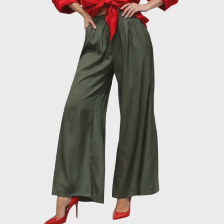 Pantaloni din Matase si Vascoza Croi Larg Verde Kaki [1]