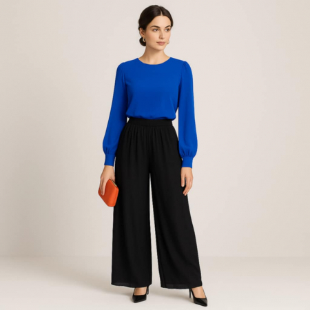 Pantaloni matase - Pantaloni Negri Croi Larg din Matase si Banda Elastica in Talie