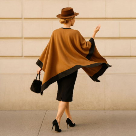 Poncho  elegant in nuante de camel si margini negre [3]