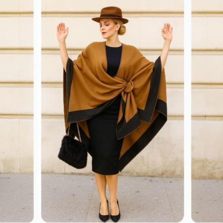 Poncho  elegant in nuante de camel si margini negre [2]