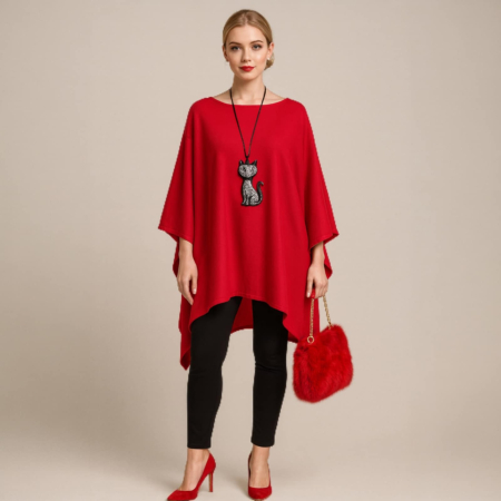 Imbracaminte - Poncho tip pelerina  tricotat rosu  pentru sezon rece