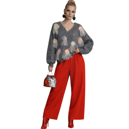 Pulover gri din tricot cu aplicatii decorative din dantela si tulle [2]