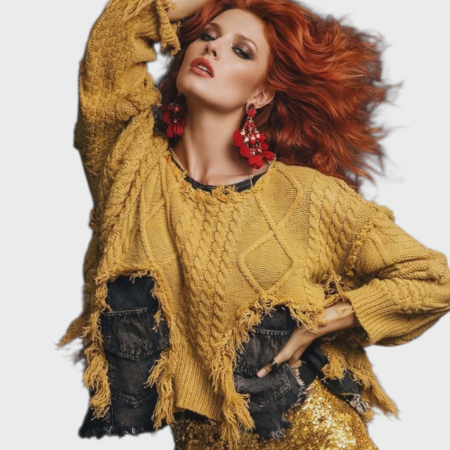 Bluze sezon rece & pulovere - Pulover galben mustar din tricot gros cu spatele din denim si detalii zdrenturoase