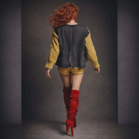 Pulover galben mustar din tricot gros cu spatele din denim si detalii zdrenturoase [4]