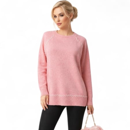 Pulovere - Pulover roz dama cu broderie decorativa si croi lejer