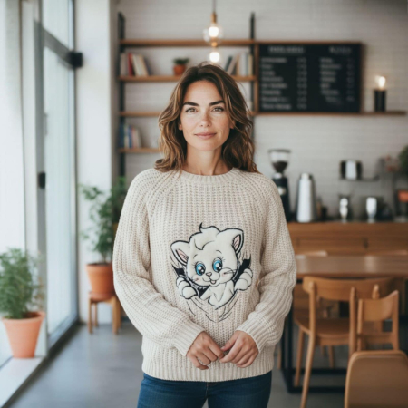 Pulover Tricotat Gros cu Imprimeu Pisica Pufoasa [3]