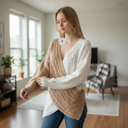 Pulover tricotat in doua culori cu decolteu adanc petrecut pentru marime mare [1]