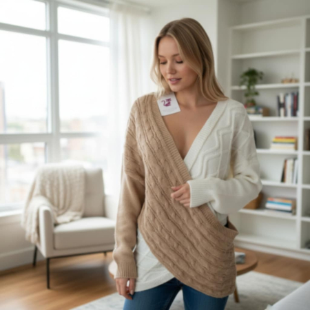 Pulovere - Pulover tricotat in doua culori cu decolteu adanc petrecut pentru marime mare