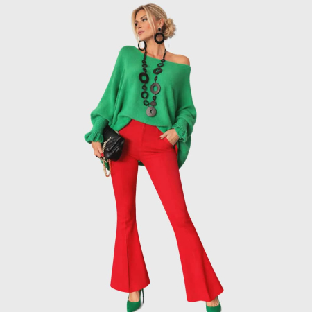 Pulovere - Pulover tricotat verde  decolteu barcuta si volane la maneci