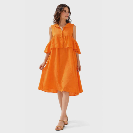 Rochii in - Rochia de vara asimetrica din in cu volan la bust si umar gol tip camasa