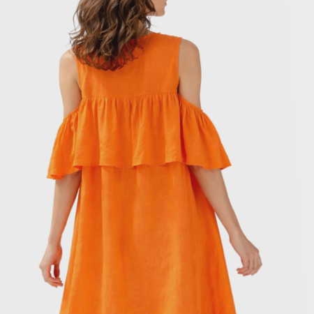 Rochia de vara asimetrica din in cu volan la bust si umar gol tip camasa [2]