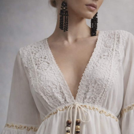 Rochie alba cu insertii de macrame la bust si broderie aurie [3]