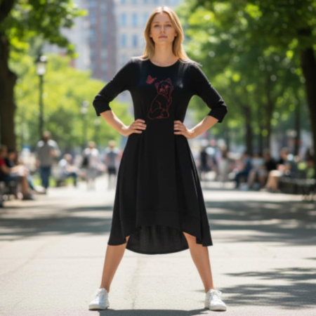 Rochii pisici toamna /iarna - Rochie asimetrica  din bumbac cu pisica si sclipici rosu