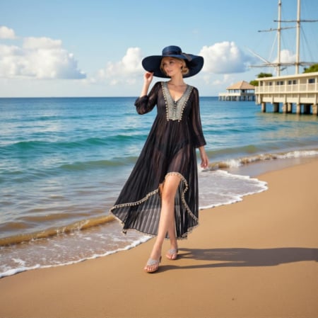 Rochii plaja - Rochie Asimetrica pe Fond Negru Transparenta cu Placa din Paiete la Decolteuu