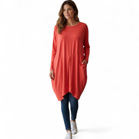 Rochii bumbac - Rochie asimetrica rosie  din bumbac cu maneca lunga