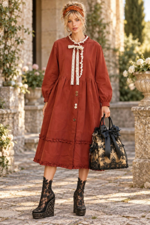 Rochie  caramizie cu broderie floarala, dantela si imprimeu petice [5]