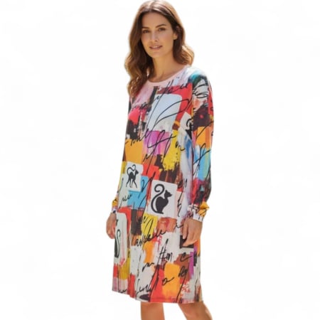 Multe  chestii pisicoase - Rochie casual multicolora cu imprimeu abstract si siluete pisici