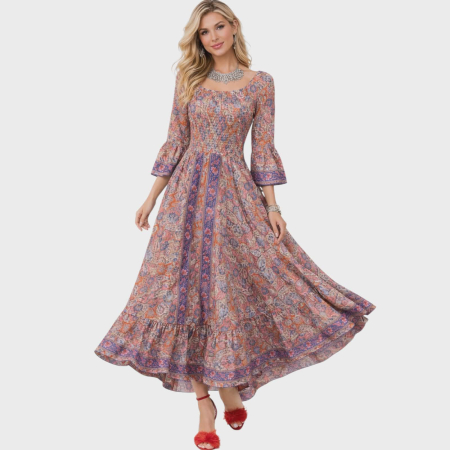 Rochii sezon cald - Rochie colorata lunga din matase indiana si banda elastica lata la bust