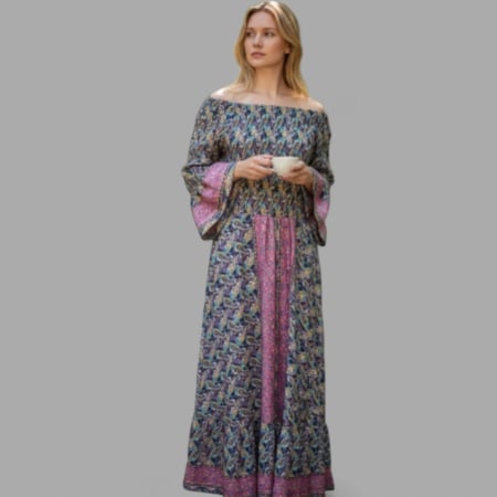 Rochii matase - Rochie colorata lunga din matase indiana si banda elastica lata la bust