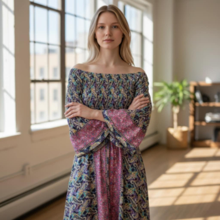 Rochie colorata lunga din matase indiana si banda elastica lata la bust [1]