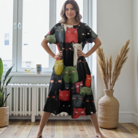 Rochii lycra & poliester & voal - Rochie croi larg cu imprimeu pisici colorate