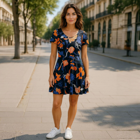 Rochii sezon cald - Rochie cu imprimeu flori  colorat usor clos
