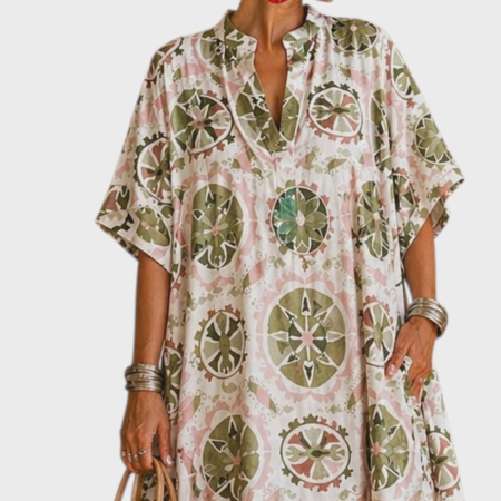 Rochie de vara croi larg verde cu bej si imprimeu boho [1]