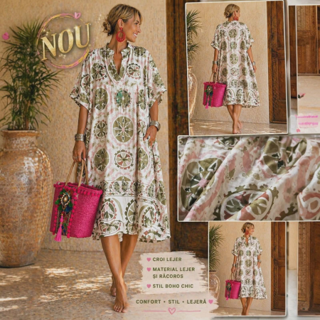 Imbracaminte - Rochie de vara croi larg verde cu bej si imprimeu boho