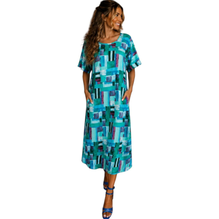 Rochii bumbac - Rochie de vara cu imprimeu geometric turcoaz croi lejer si buzunare