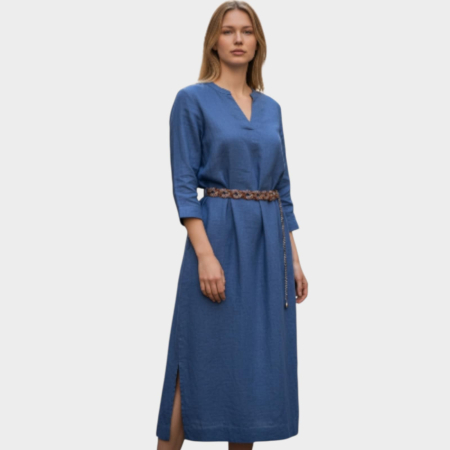 Rochii in - Rochie de Vara din In Bleumarin cu Broderie la Decolteu si Maneca