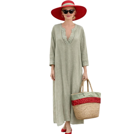 Rochii in - Rochie de Vara din In Bleumarin cu Broderie la Decolteu si Maneca