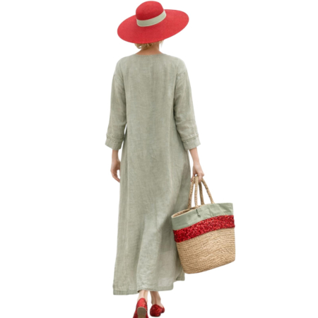 Rochie de Vara din In Bleumarin cu Broderie la Decolteu si Maneca [2]