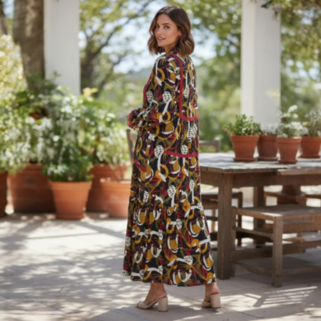 Rochie de vara din vascoza cu imprimeu colorat si ciucuri [2]