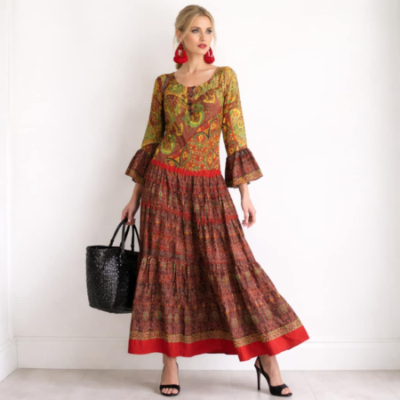 Promotii sezon cald - rochie-de-vara-lunga-din-matase-indiana-cu-volane-la-maneci