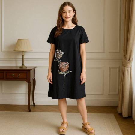Rochii bumbac - Rochie de Vara Neagra din Bumbac si Model Flori cu Strasuri