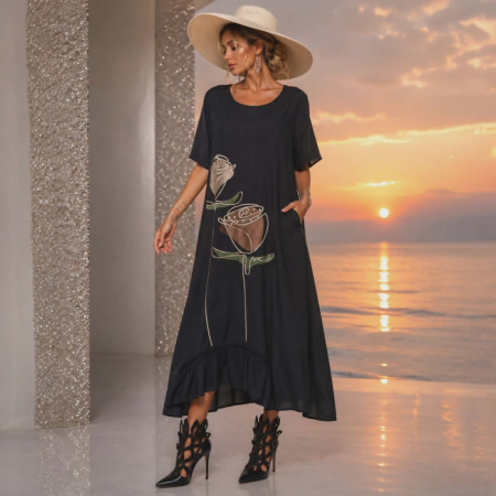 Rochii bumbac - Rochie de Vara Neagra din Bumbac si Model Flori cu Strasuri