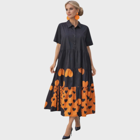 Rochii bumbac - Rochie de Vara Tip Camasa pe Fond Negru si Imprimeu Portocaliu