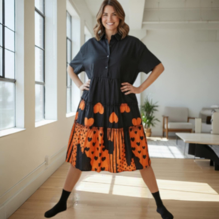 Rochii bumbac - Rochie de Vara Tip Camasa pe Fond Negru si Imprimeu Portocaliu