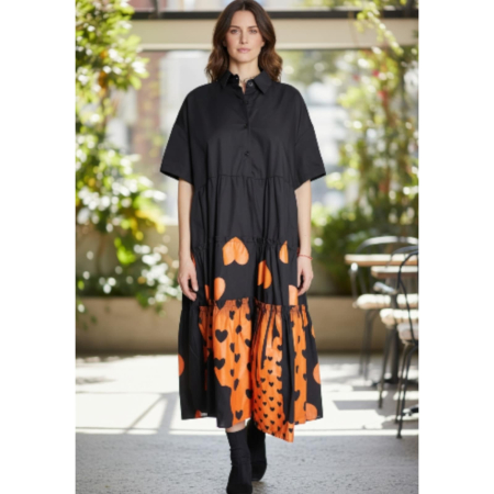 Rochie de Vara Tip Camasa pe Fond Negru si Imprimeu Portocaliu [1]