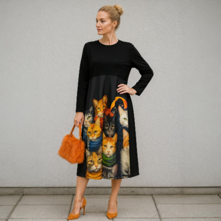 Multe  chestii pisicoase - Rochie asimetrica pentru sezonul rece cu tafta imprimeu