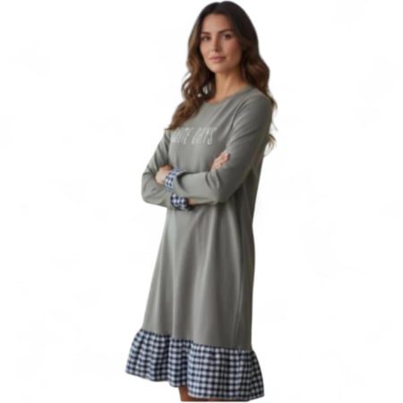 Rochie din bumbac casual gri si croi drept cu dantela in carouri [2]