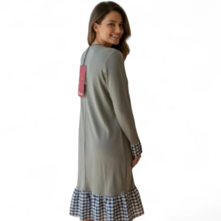 Rochie din bumbac casual gri si croi drept cu dantela in carouri [1]