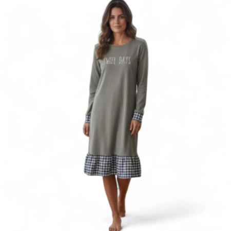 Rochii bumbac - Rochie din bumbac casual gri si croi drept cu dantela in carouri