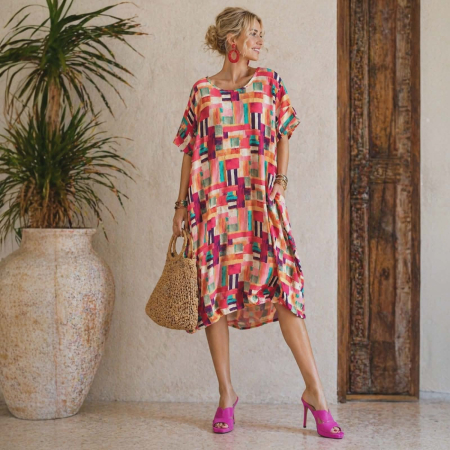 Imbracaminte - Rochie din bumbac croi larg si imprimeu artistic multicolor